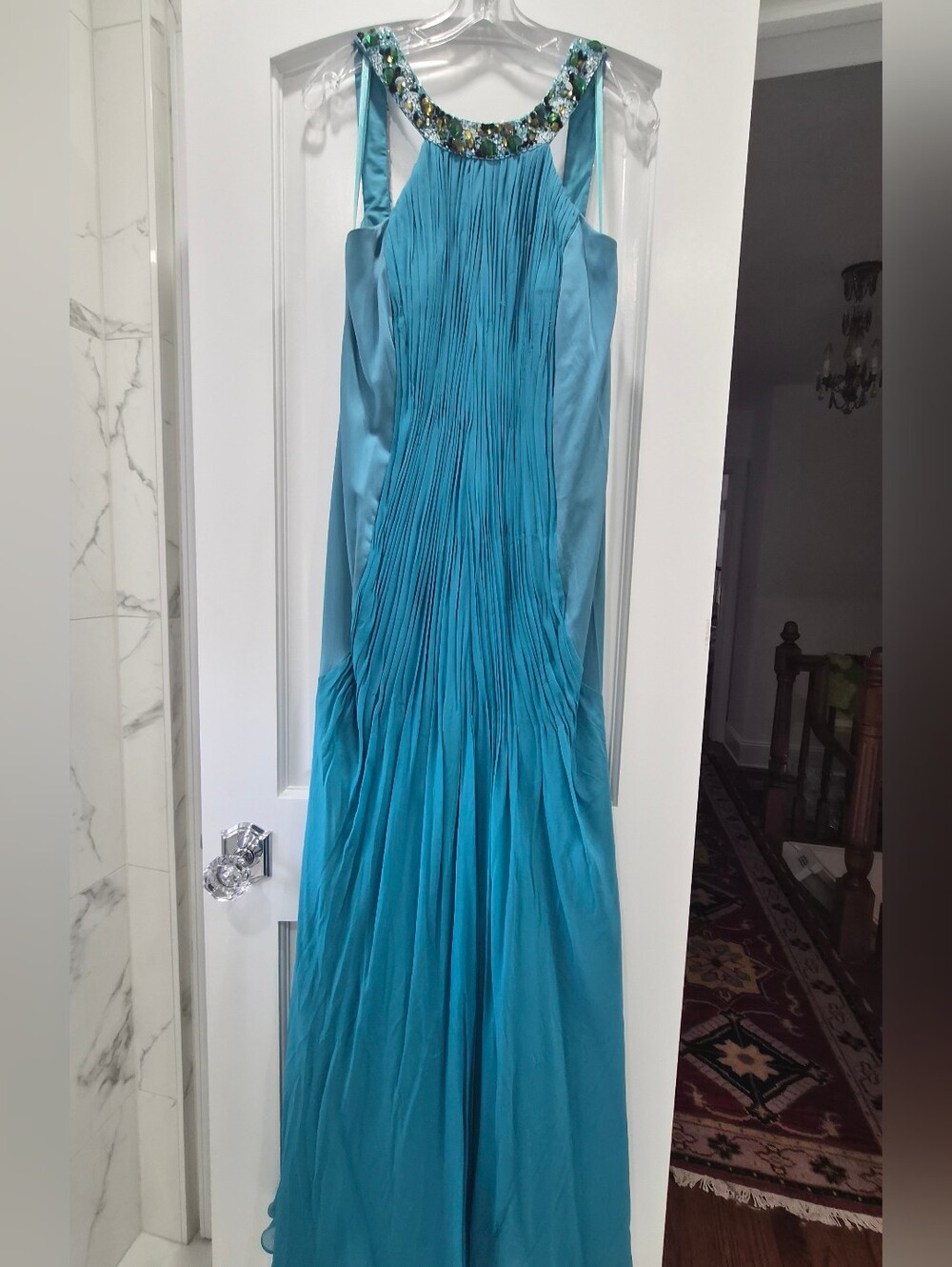 BASIX Black Label Turquoise Pleated Maxi with Beaded Collar